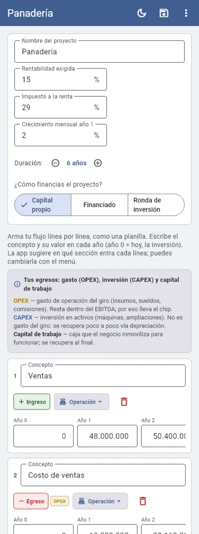 Editor avanzado con los datos del proyecto y las líneas del flujo