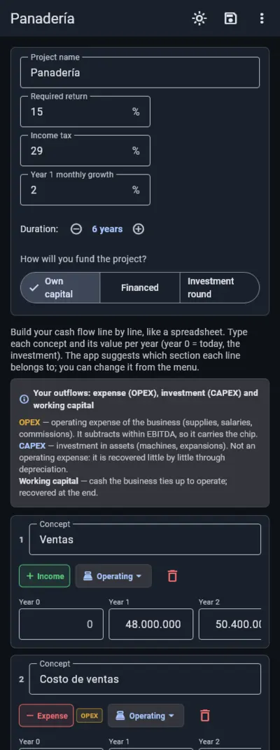 Advanced editor with the project data and the cash flow lines