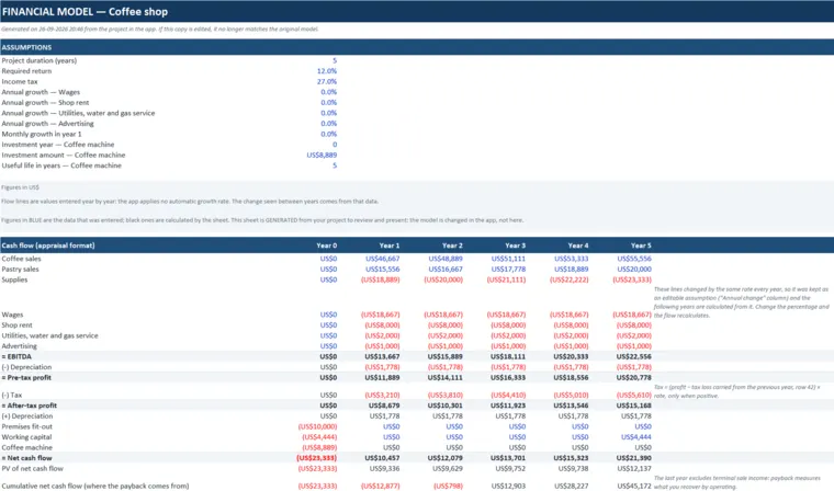 Excel Model sheet with blue assumptions and the calculated cash flow