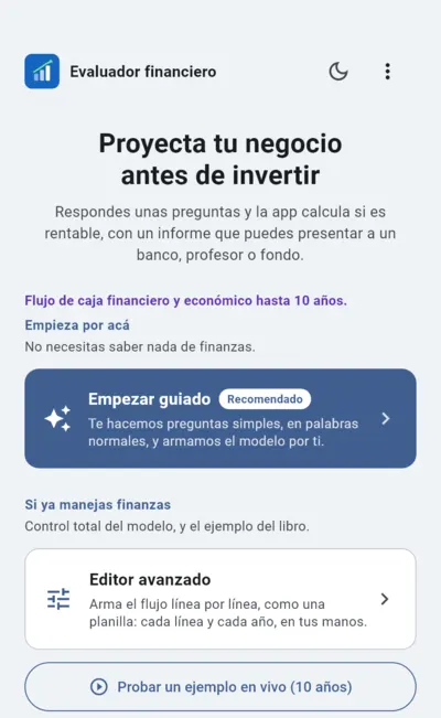 Pantalla de inicio con Empezar guiado, Editor avanzado y el ejemplo en vivo