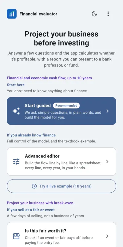 Home screen with Start guided, Advanced editor and the live example